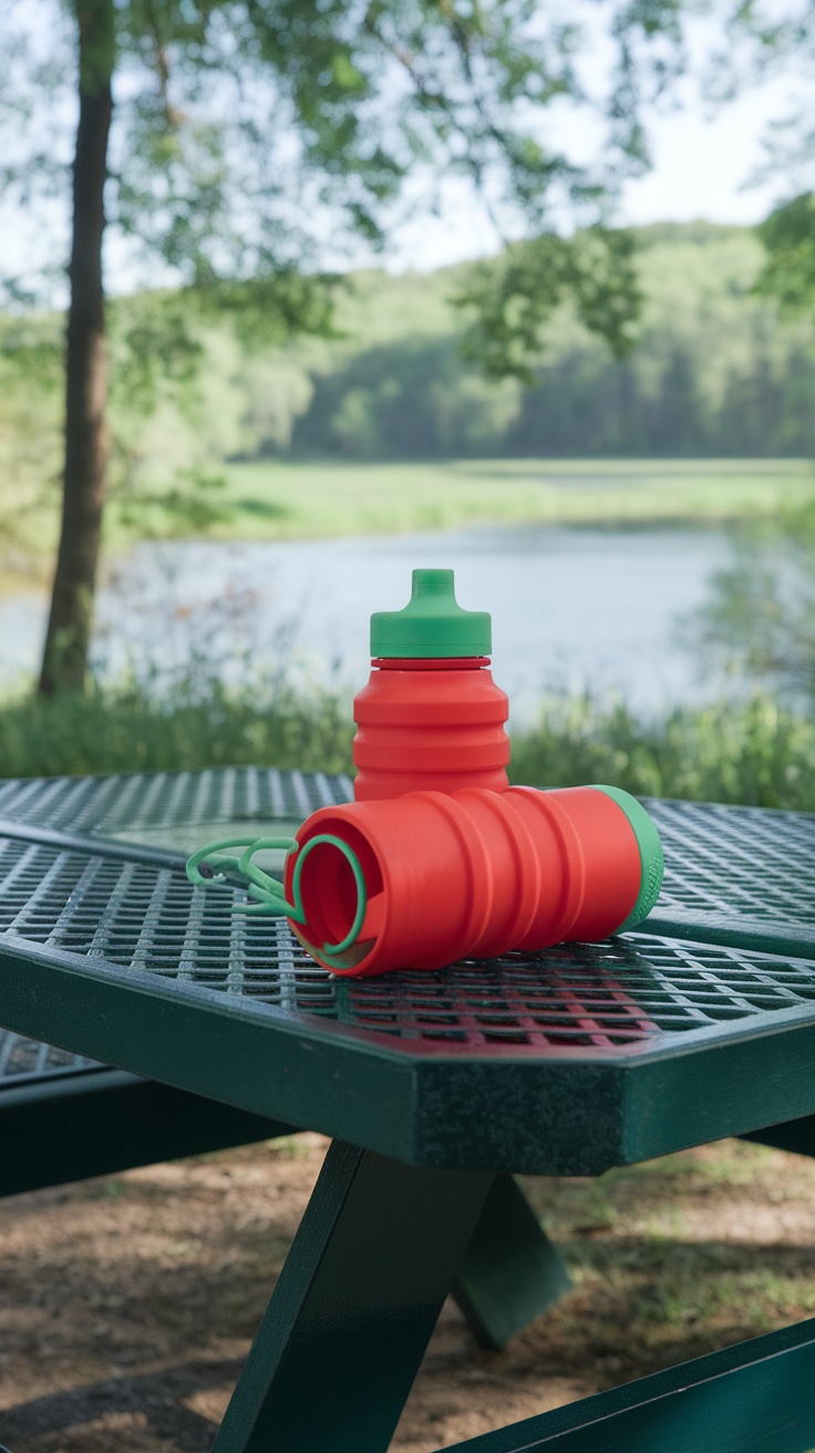 A collapsible silicone water bottle in vibrant colors on a picnic table by a lake.