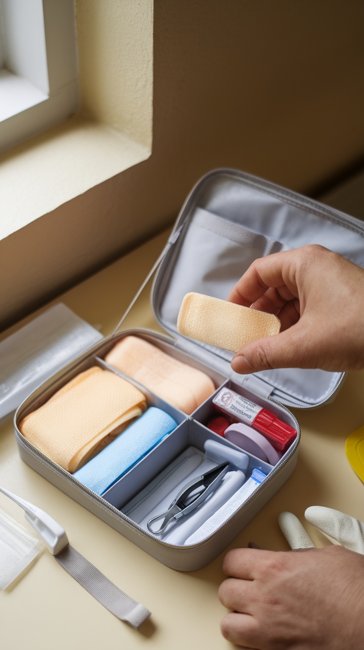 Person holding a band-aid over a compact first aid kit with various medical supplies.