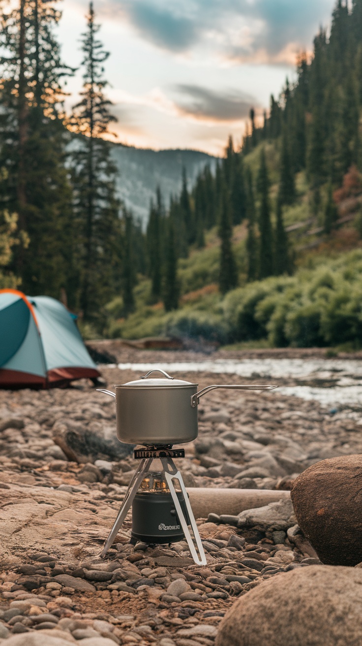 A compact folding stove set up by a river, with a pot on top, surrounded by rocks and trees.