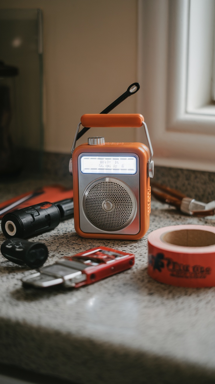 Orange hand-crank emergency radio on a countertop with various tools.