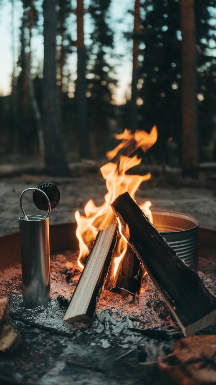 A close-up of a fire starter with a burning campfire in the background.