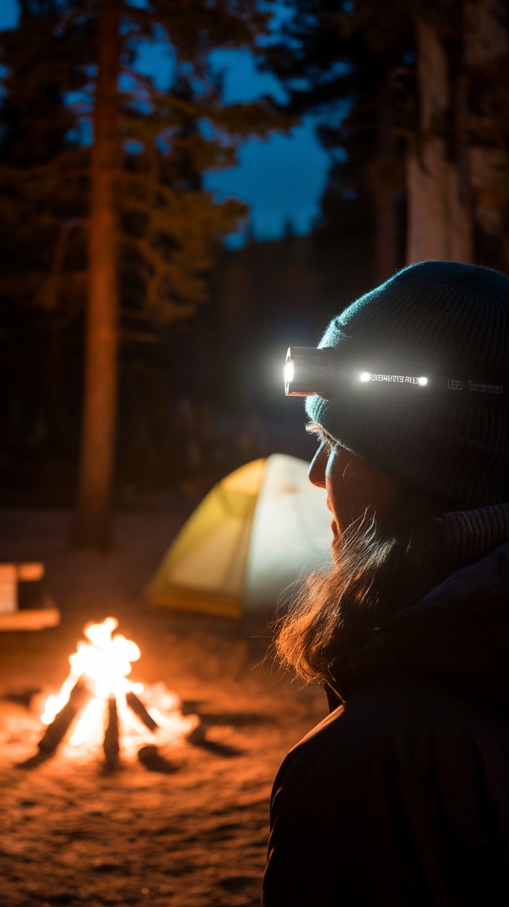 A person wearing a rechargeable LED headlamp, with a campfire and tent in the background.