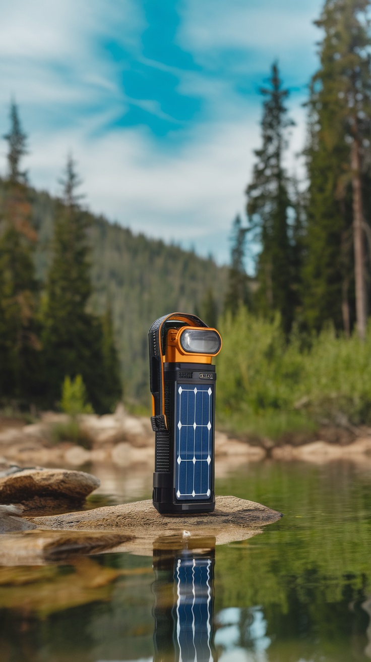 A solar-powered flashlight on a rock beside a calm water surface, surrounded by trees.